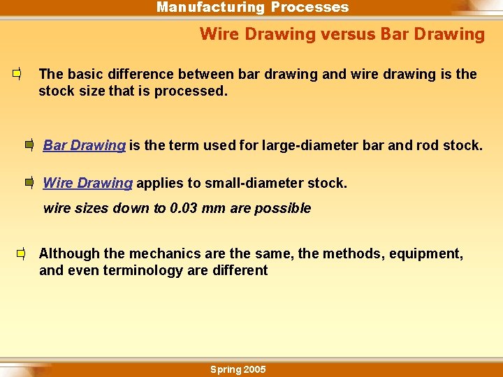 Manufacturing Processes Wire Drawing versus Bar Drawing The basic difference between bar drawing and