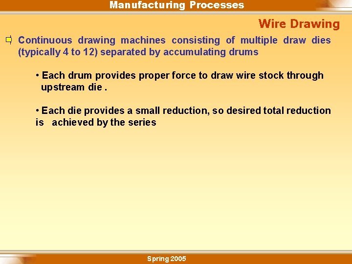 Manufacturing Processes Wire Drawing Continuous drawing machines consisting of multiple draw dies (typically 4