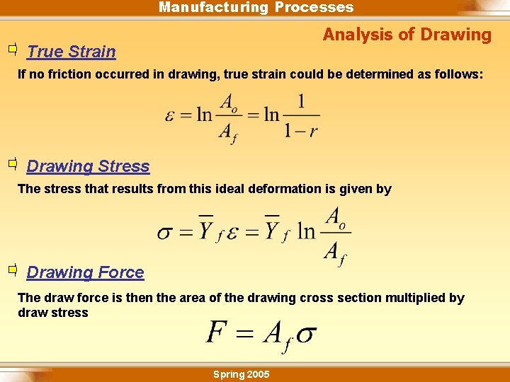 Manufacturing Processes Analysis of Drawing True Strain If no friction occurred in drawing, true