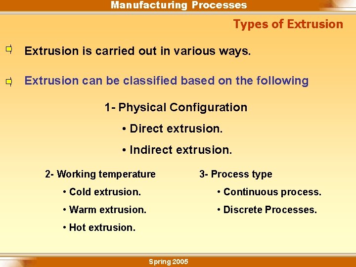 Manufacturing Processes Types of Extrusion is carried out in various ways. Extrusion can be