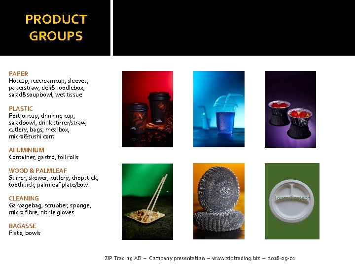 PRODUCT GROUPS PAPER Hotcup, icecreamcup, sleeves, paperstraw, deli&noodlebox, salad&soupbowl, wet tissue PLASTIC Portioncup, drinking