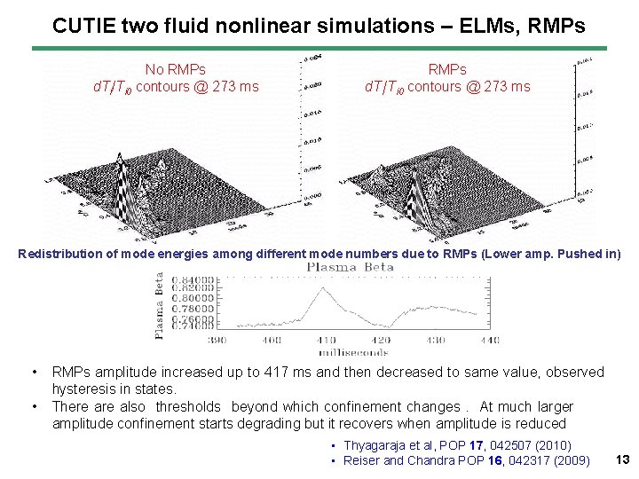 CUTIE two fluid nonlinear simulations – ELMs, RMPs No RMPs d. Ti/Ti 0 contours