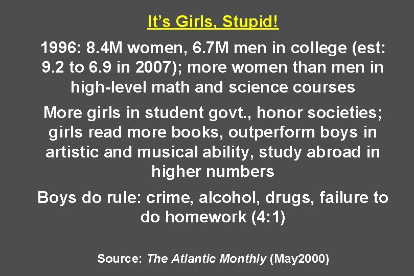 It’s Girls, Stupid! 1996: 8. 4 M women, 6. 7 M men in college