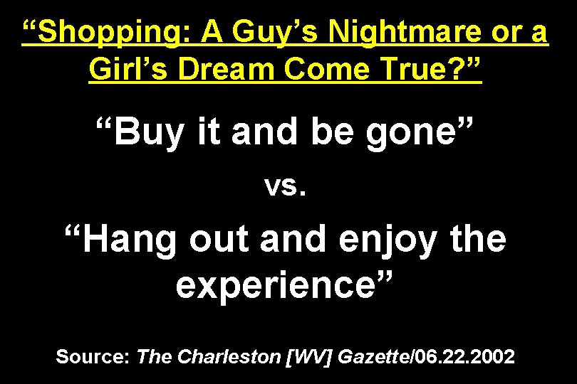 “Shopping: A Guy’s Nightmare or a Girl’s Dream Come True? ” “Buy it and