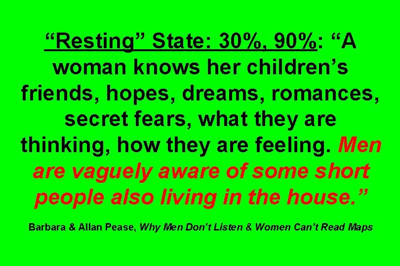 “Resting” State: 30%, 90%: “A woman knows her children’s friends, hopes, dreams, romances, secret