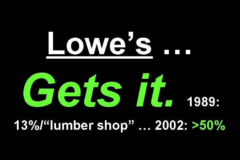 Lowe’s … Gets it. 1989: 13%/“lumber shop” … 2002: >50% 