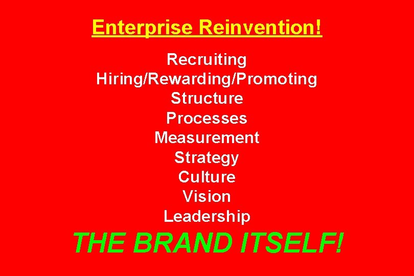 Enterprise Reinvention! Recruiting Hiring/Rewarding/Promoting Structure Processes Measurement Strategy Culture Vision Leadership THE BRAND ITSELF!