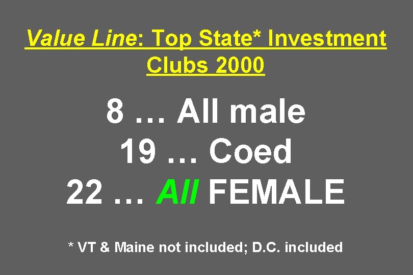 Value Line: Top State* Investment Clubs 2000 8 … All male 19 … Coed