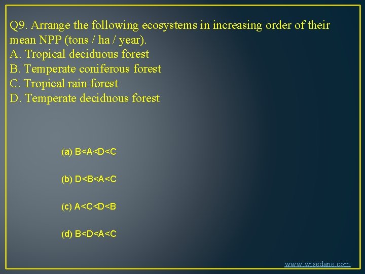 Q 9. Arrange the following ecosystems in increasing order of their mean NPP (tons