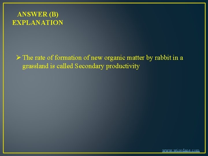 ANSWER (B) EXPLANATION Ø The rate of formation of new organic matter by rabbit