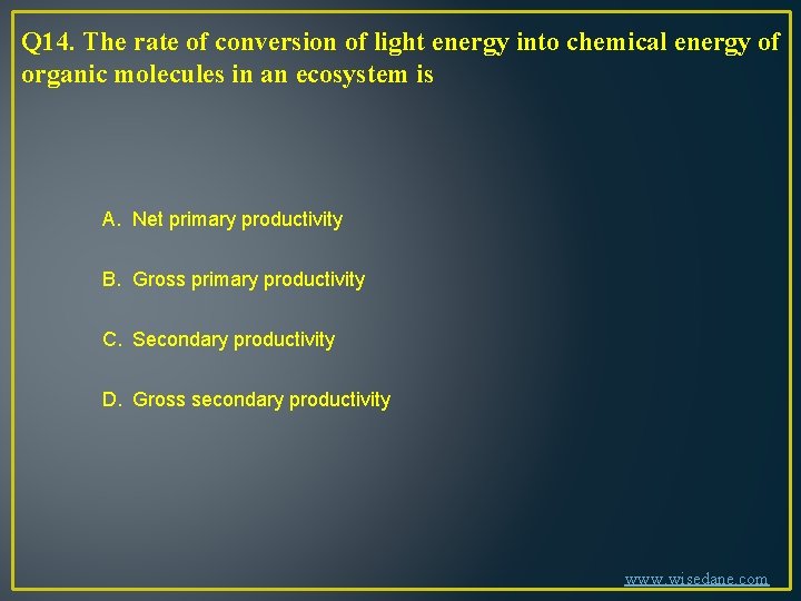 Q 14. The rate of conversion of light energy into chemical energy of organic