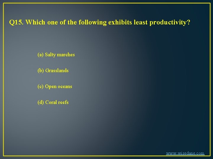 Q 15. Which one of the following exhibits least productivity? (a) Salty marches (b)