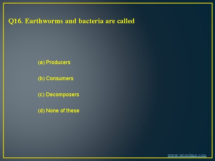 Q 16. Earthworms and bacteria are called (a) Producers (b) Consumers (c) Decomposers (d)