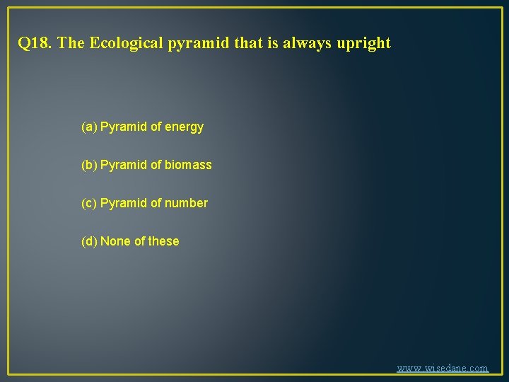 Q 18. The Ecological pyramid that is always upright (a) Pyramid of energy (b)