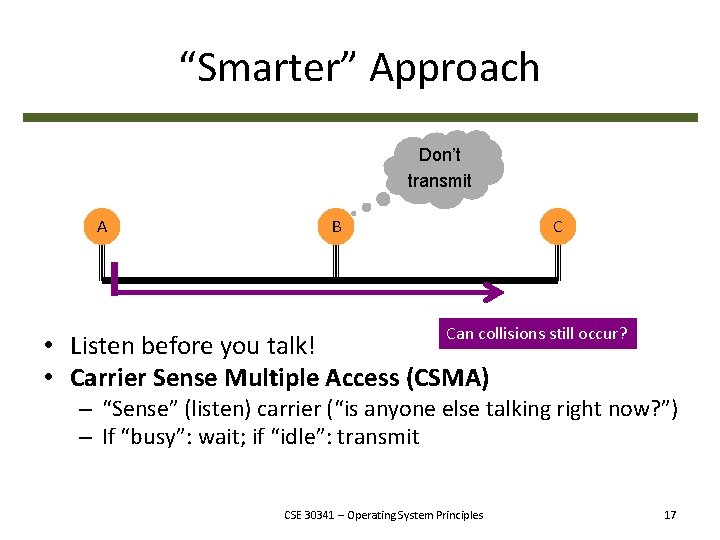 “Smarter” Approach Don’t transmit A B C Can collisions still occur? • Listen before