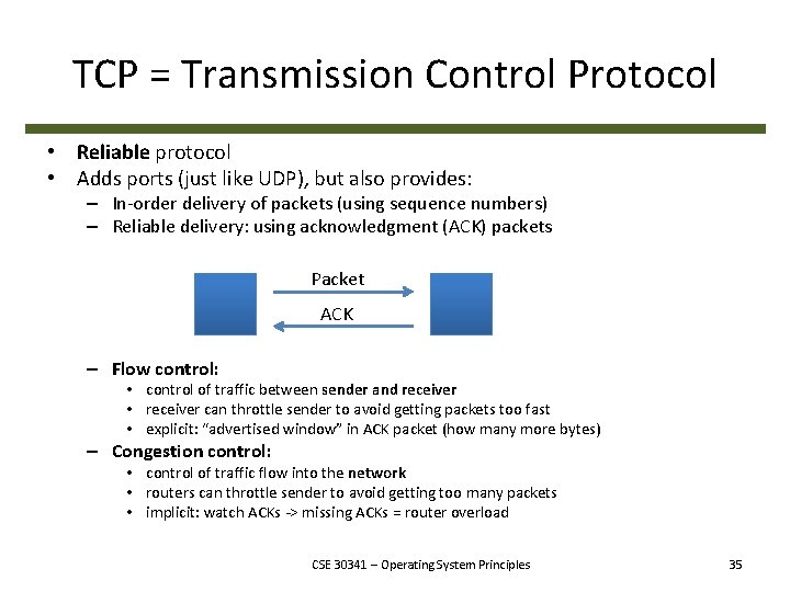 TCP = Transmission Control Protocol • Reliable protocol • Adds ports (just like UDP),