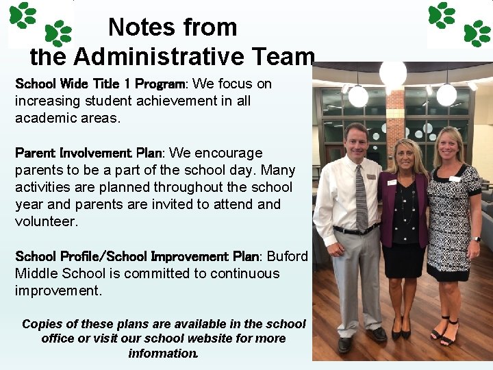 Notes from the Administrative Team School Wide Title 1 Program: We focus on increasing