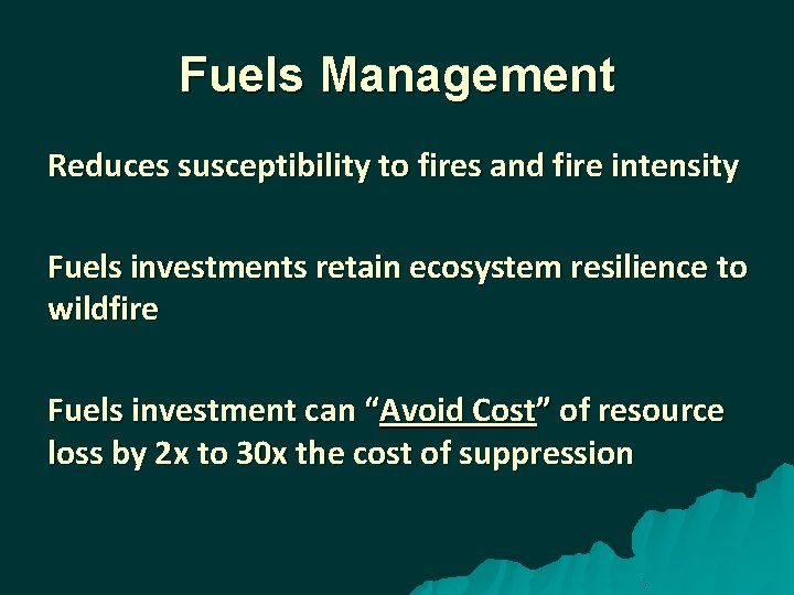 Fuels Management Reduces susceptibility to fires and fire intensity Fuels investments retain ecosystem resilience