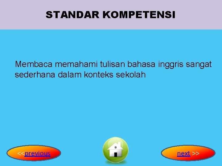 STANDAR KOMPETENSI Membaca memahami tulisan bahasa inggris sangat sederhana dalam konteks sekolah <<previous next