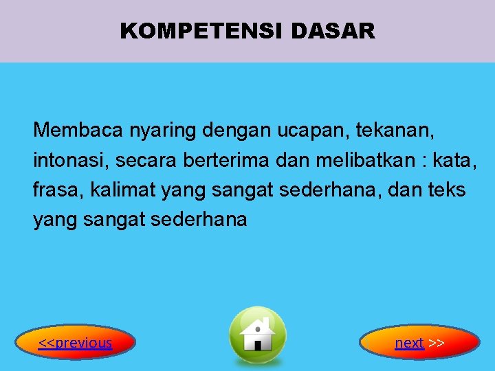 KOMPETENSI DASAR Membaca nyaring dengan ucapan, tekanan, intonasi, secara berterima dan melibatkan : kata,