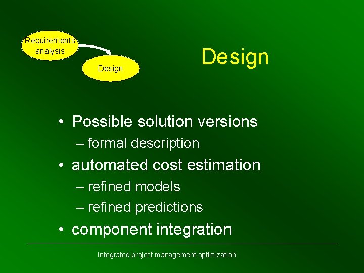 Requirements analysis Design • Possible solution versions – formal description • automated cost estimation