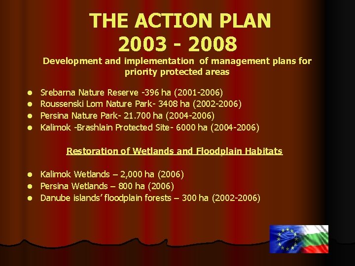 THE ACTION PLAN 2003 - 2008 Development and implementation of management plans for priority