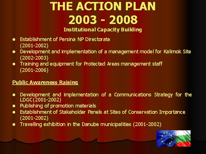 THE ACTION PLAN 2003 - 2008 Institutional Capacity Building Establishment of Persina NP Directorate