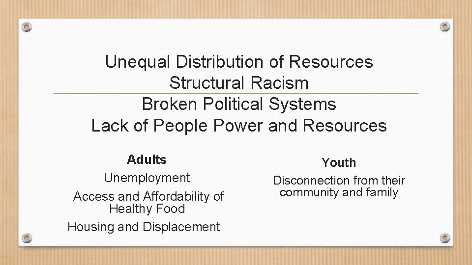 Unequal Distribution of Resources Structural Racism Broken Political Systems Lack of People Power and
