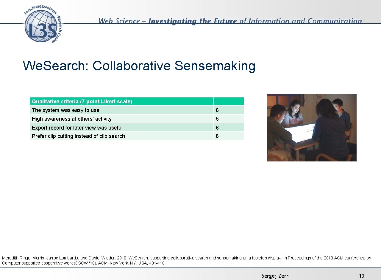 We. Search: Collaborative Sensemaking Qualitative criteria (7 point Likert scale) The system was easy