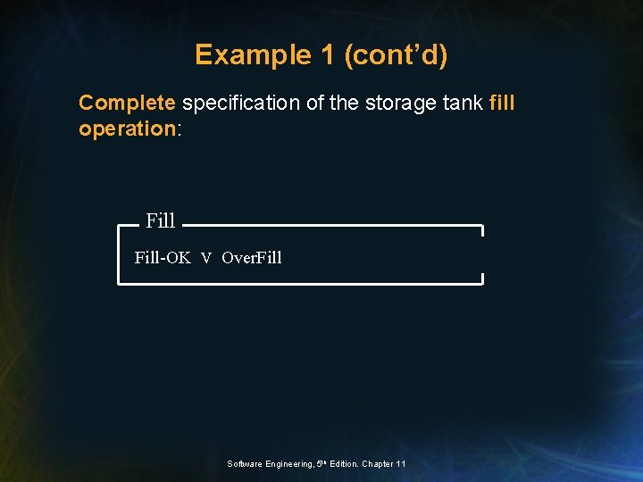 Example 1 (cont’d) Complete specification of the storage tank fill operation: Fill-OK V Over.