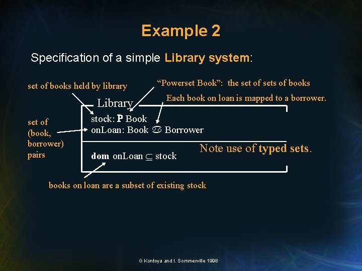 Example 2 Specification of a simple Library system: set of books held by library