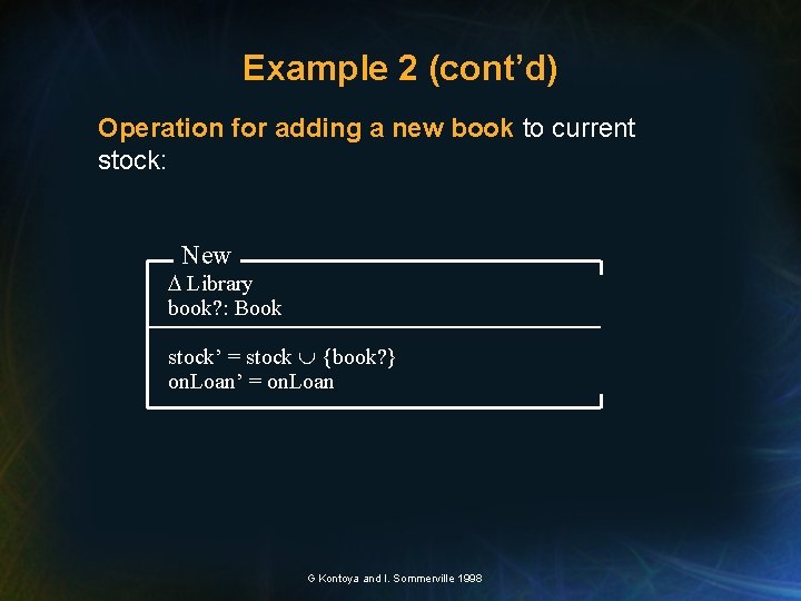 Example 2 (cont’d) Operation for adding a new book to current stock: New Library