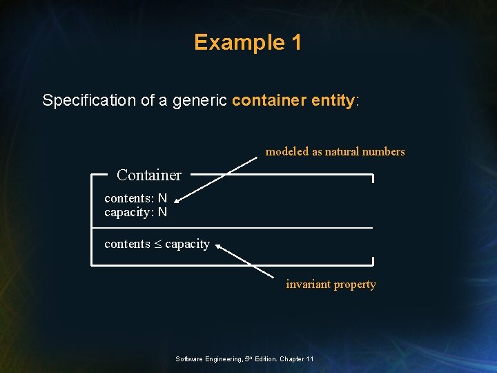 Example 1 Specification of a generic container entity: modeled as natural numbers Container contents: