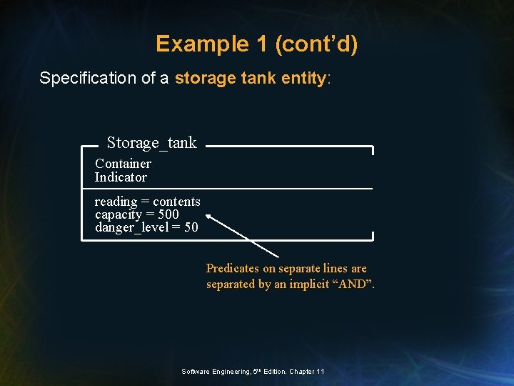 Example 1 (cont’d) Specification of a storage tank entity: Storage_tank Container Indicator reading =