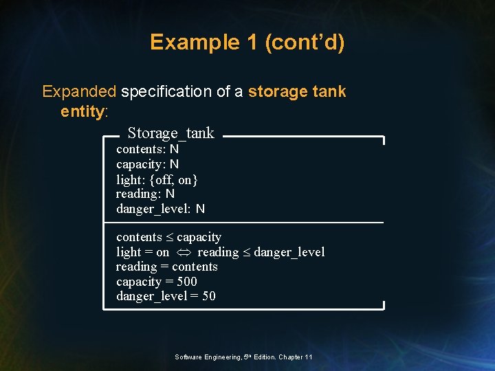 Example 1 (cont’d) Expanded specification of a storage tank entity: Storage_tank contents: N capacity: