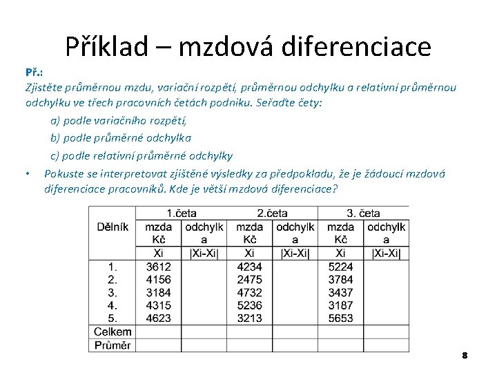 Příklad – mzdová diferenciace Př. : Zjistěte průměrnou mzdu, variační rozpětí, průměrnou odchylku a