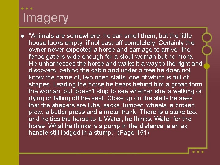  Imagery l "Animals are somewhere; he can smell them, but the little house