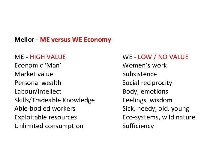 Mellor - ME versus WE Economy ME - HIGH VALUE Economic ‘Man’ Market value