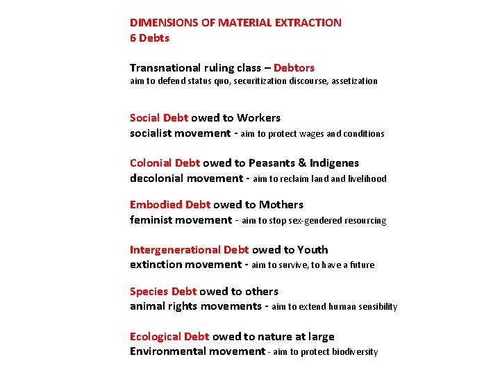 DIMENSIONS OF MATERIAL EXTRACTION 6 Debts Transnational ruling class – Debtors aim to defend