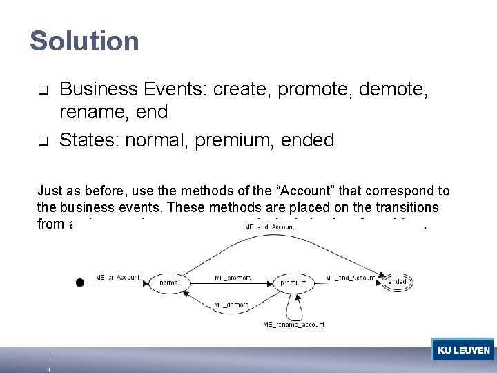 Solution q q Business Events: create, promote, demote, rename, end States: normal, premium, ended