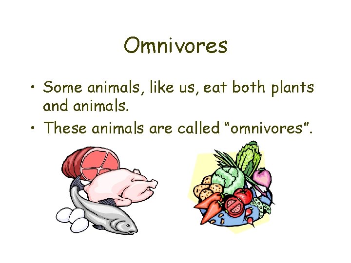 Omnivores • Some animals, like us, eat both plants and animals. • These animals