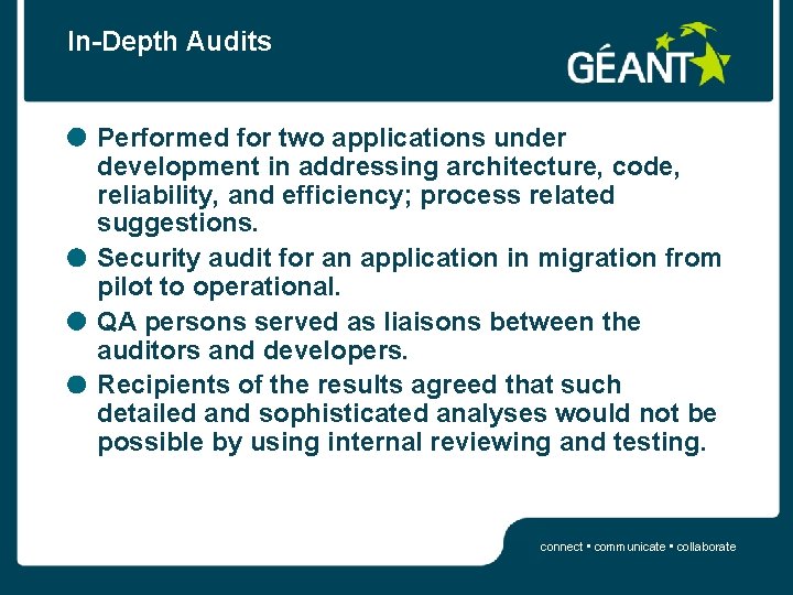 In-Depth Audits Performed for two applications under development in addressing architecture, code, reliability, and