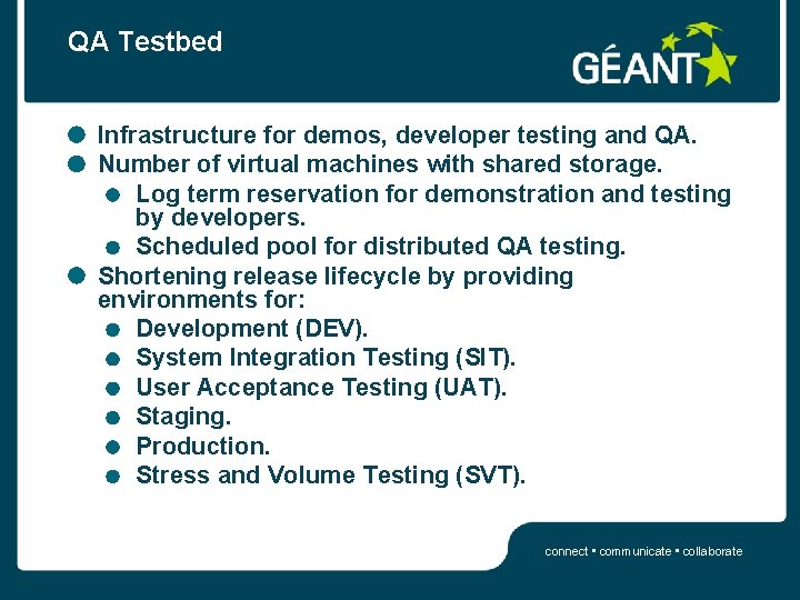 QA Testbed Infrastructure for demos, developer testing and QA. Number of virtual machines with