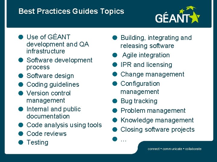 Best Practices Guides Topics Use of GÉANT development and QA infrastructure Software development process