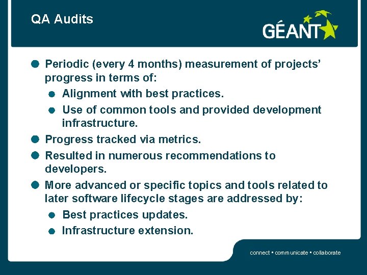 QA Audits Periodic (every 4 months) measurement of projects’ progress in terms of: Alignment