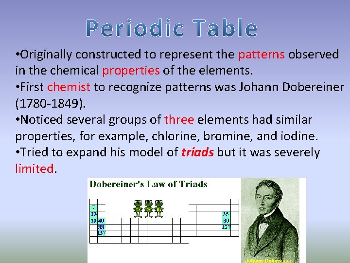  • Originally constructed to represent the patterns observed in the chemical properties of