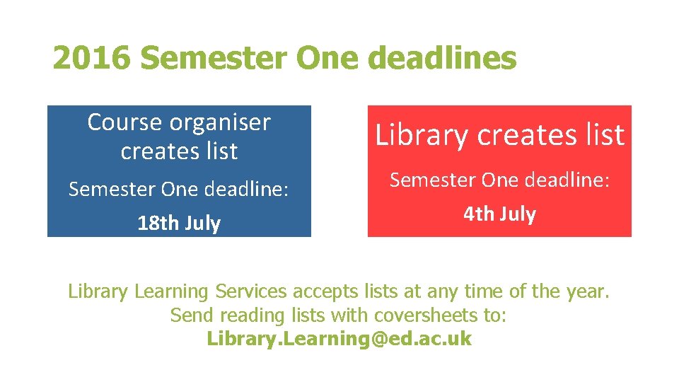 2016 Semester One deadlines Course organiser creates list Semester One deadline: 18 th July