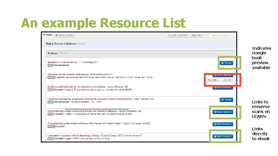 An example Resource List Indicates Google book preview available Links to ereserve scans on