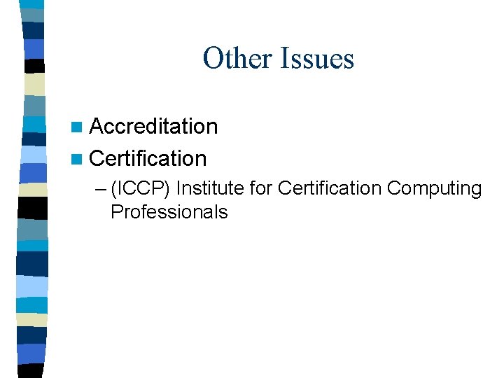 Other Issues n Accreditation n Certification – (ICCP) Institute for Certification Computing Professionals 