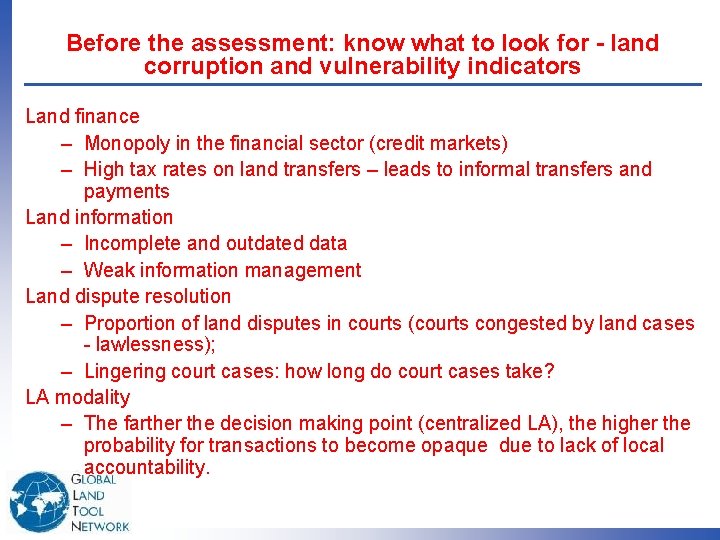 Before the assessment: know what to look for - land corruption and vulnerability indicators